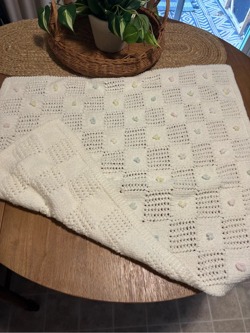 Handmade White Crochet Baby Blanket with Pastel Bobbles